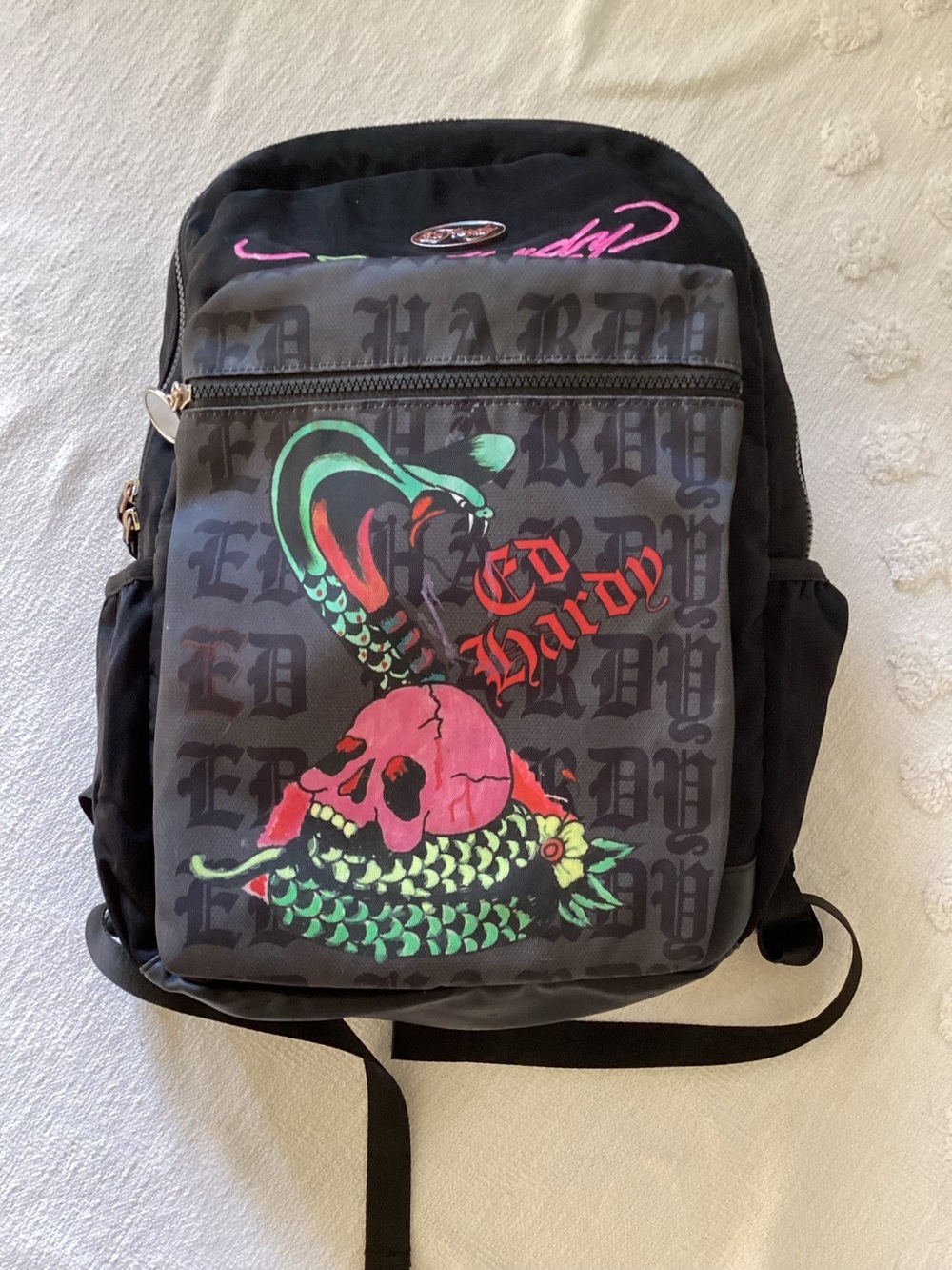 ED HARDY SKULL PYTHON Unisex BACKPACK BLACK MULTI LOGO NEW